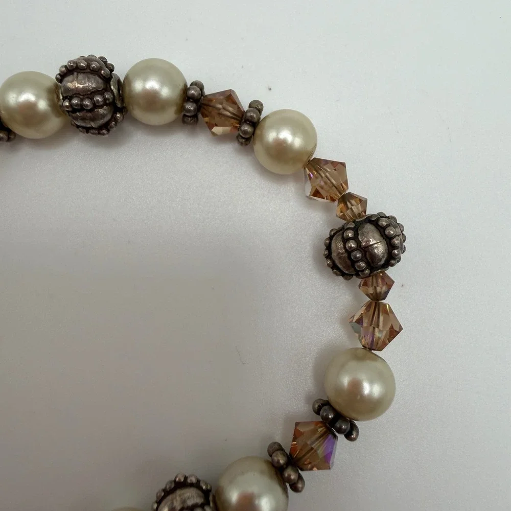 Vintage Style Beaded Cross Toggle Bracelet Cream Pearl Amber Crystal Silver Tone